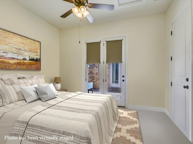 bedroom featuring ceiling fan and access to outside