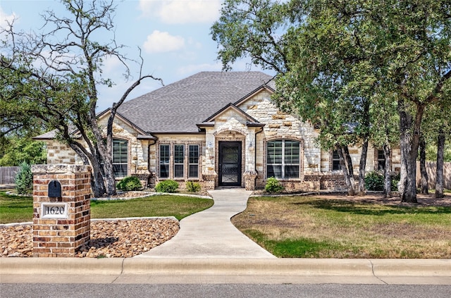 french provincial home featuring brick siding, stone siding, a front yard, and roof with shingles