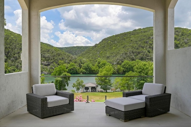 13414 Shore Vista Dr, Austin, TX 78732 - view of patio / terrace featuring a water and mountain view and a forest view