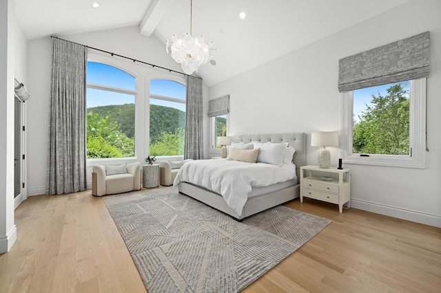 13414 Shore Vista Dr, Austin, TX 78732 - bedroom with beam ceiling, a chandelier, wood finished floors, high vaulted ceiling, and recessed lighting