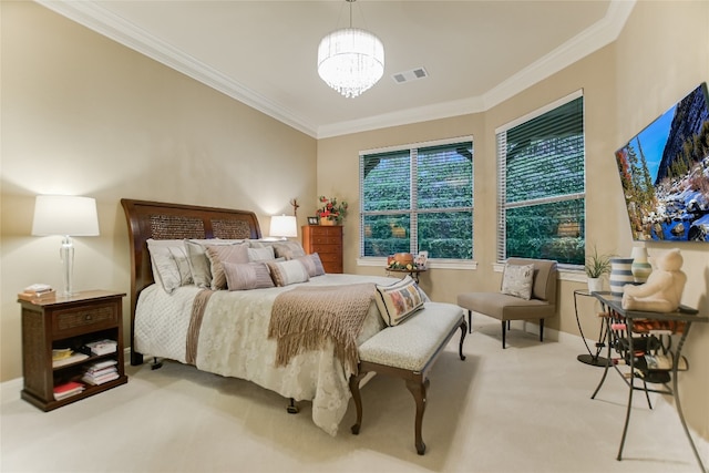 bedroom featuring light carpet, crown molding, and a notable chandelier