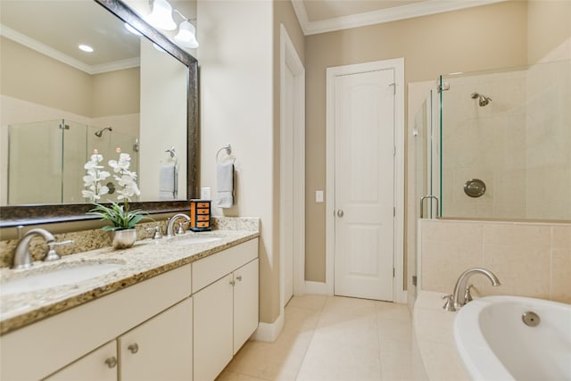 bathroom with ornamental molding, vanity, plus walk in shower, and tile patterned floors