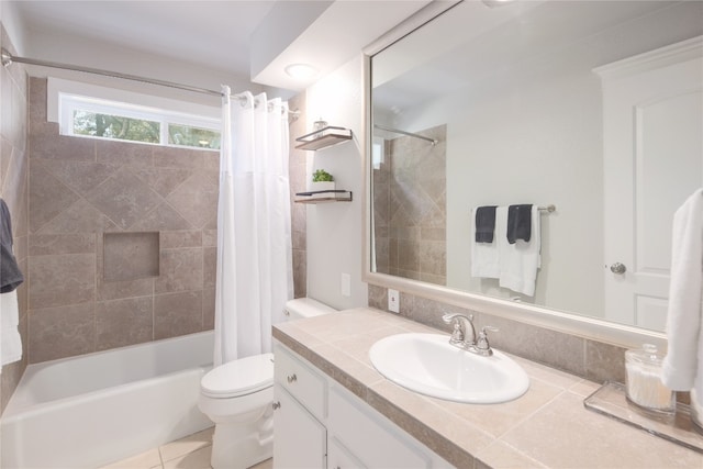 full bathroom with vanity, toilet, tile patterned floors, and shower / bathtub combination with curtain