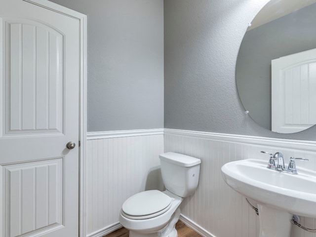 bathroom with toilet, hardwood / wood-style flooring, and sink