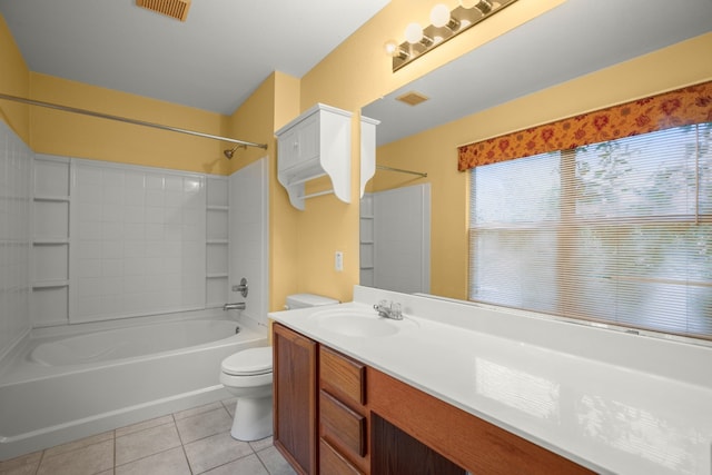 full bathroom with vanity, toilet, shower / tub combination, and tile patterned flooring