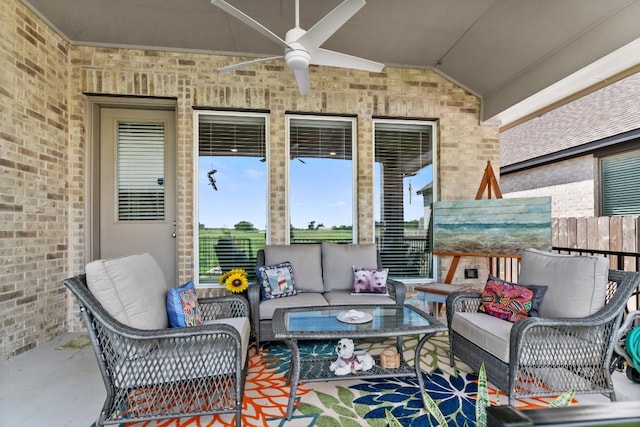 view of patio with an outdoor hangout area and ceiling fan