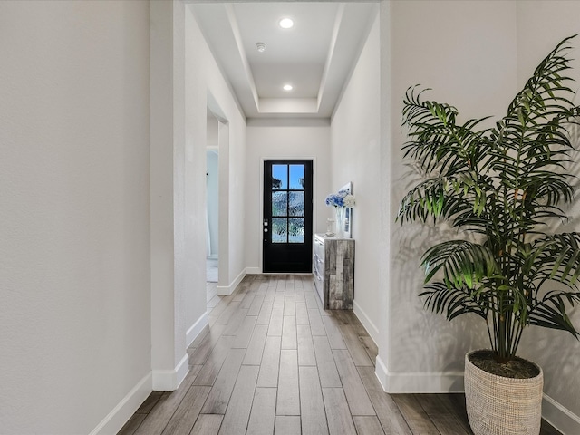 foyer entrance with hardwood / wood-style flooring