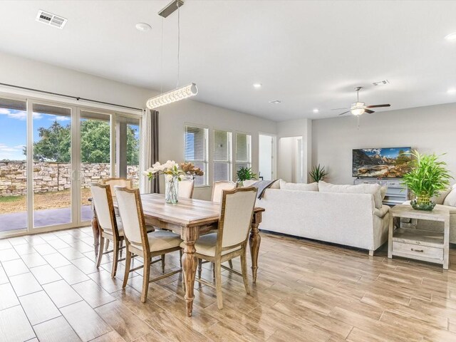 dining room with recessed lighting, visible vents, ceiling fan, and light wood finished floors