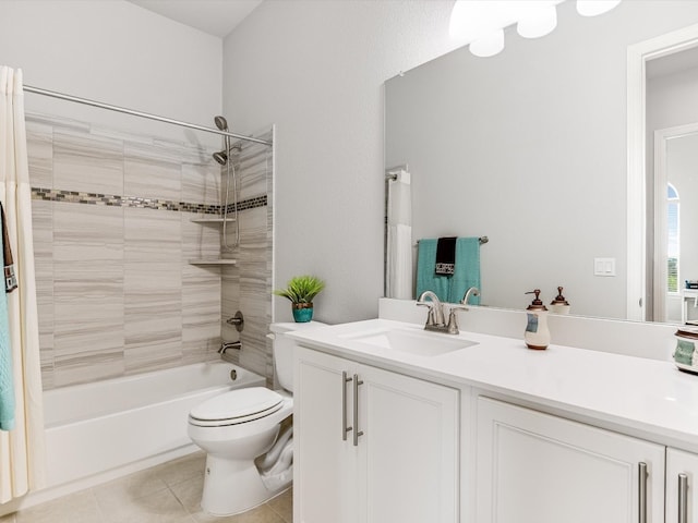 full bathroom featuring vanity, toilet, tile patterned floors, and shower / bathtub combination with curtain