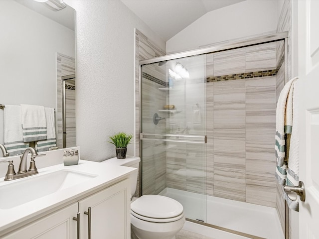 bathroom featuring vanity, toilet, a shower with door, and vaulted ceiling