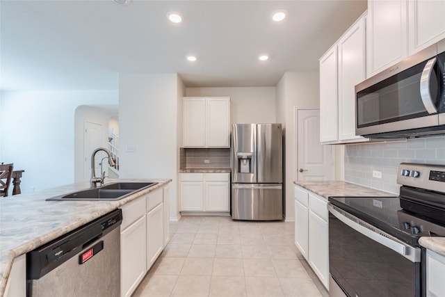 kitchen featuring appliances with stainless steel finishes, white cabinetry, sink, and decorative backsplash