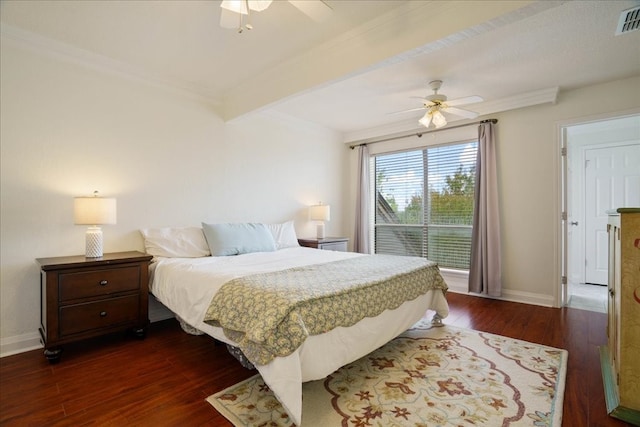 bedroom with crown molding, beam ceiling, dark wood-type flooring, and ceiling fan