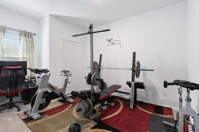 exercise room with carpet flooring