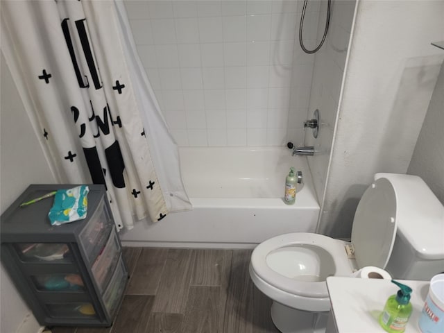 full bathroom with vanity, toilet, hardwood / wood-style floors, and shower / bath combination with curtain