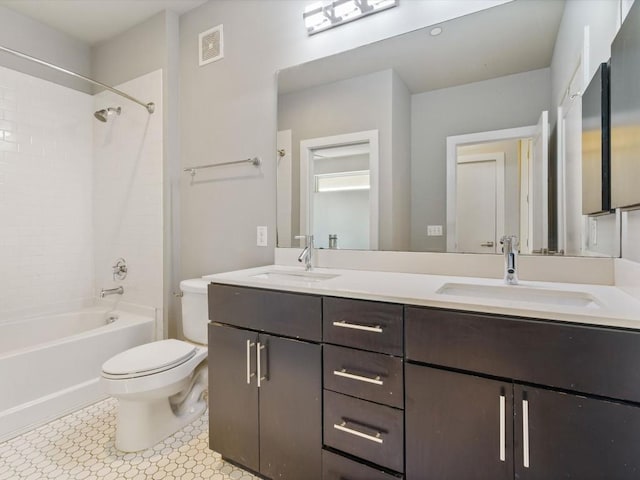 bathroom with visible vents, a sink, double vanity, and toilet