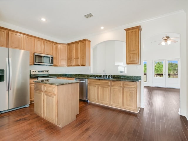 kitchen with crown molding, appliances with stainless steel finishes, sink, dark hardwood / wood-style floors, and ceiling fan