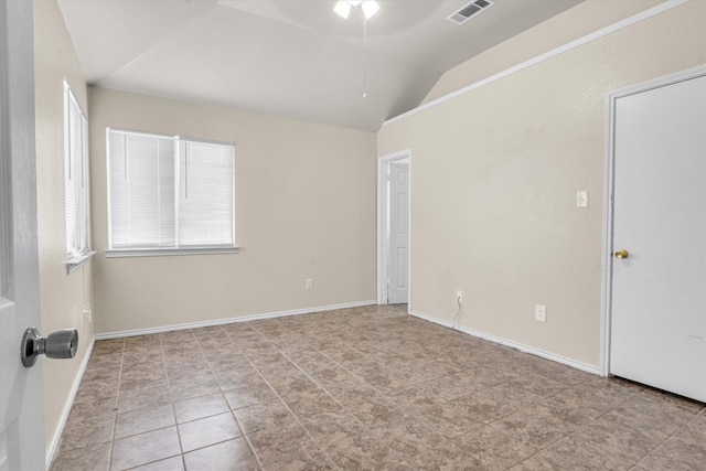 unfurnished room with lofted ceiling and ceiling fan