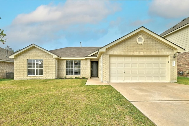 ranch-style home with a garage, a front lawn, and cooling unit