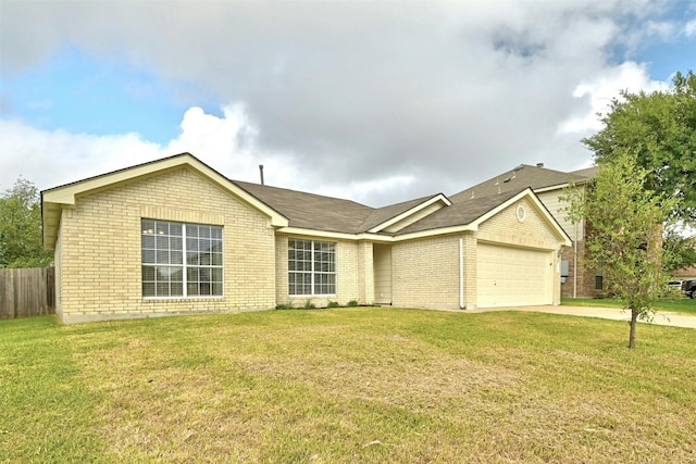 ranch-style house with a garage and a front lawn