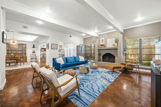 living room with crown molding, beam ceiling, and a brick fireplace