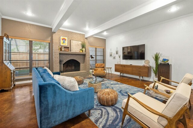 living room featuring a brick fireplace, beam ceiling, and ornamental molding