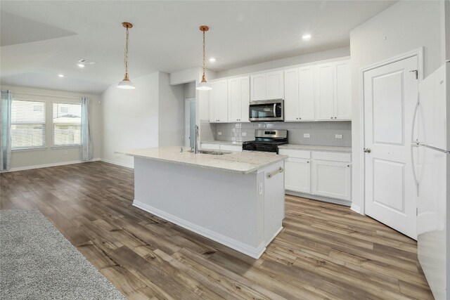 kitchen with a sink, wood finished floors, backsplash, and stainless steel appliances