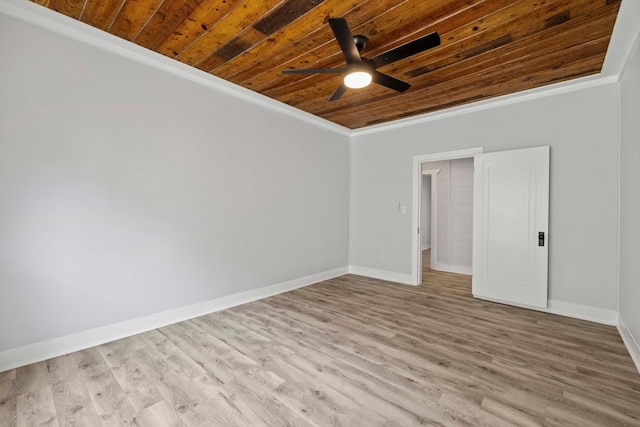 spare room with ceiling fan, wood ceiling, and light hardwood / wood-style flooring