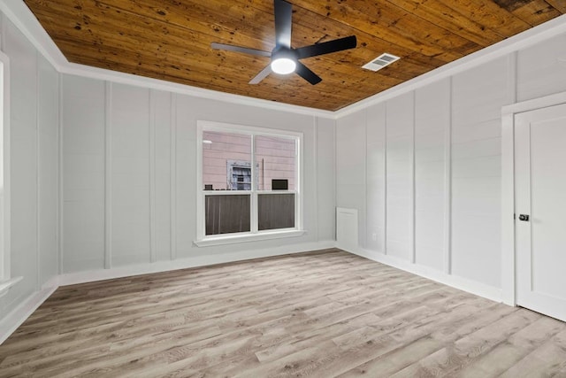 unfurnished room with wood ceiling, light hardwood / wood-style flooring, ceiling fan, and crown molding