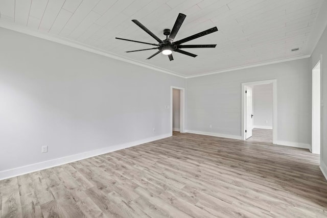 empty room with light wood-type flooring, ceiling fan, and ornamental molding