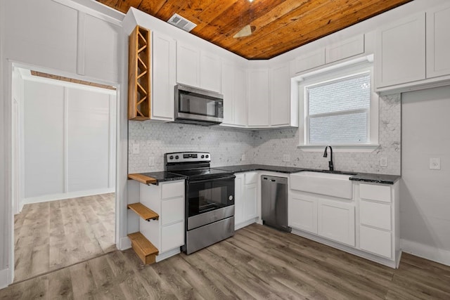 kitchen featuring wooden ceiling, hardwood / wood-style floors, appliances with stainless steel finishes, sink, and white cabinetry