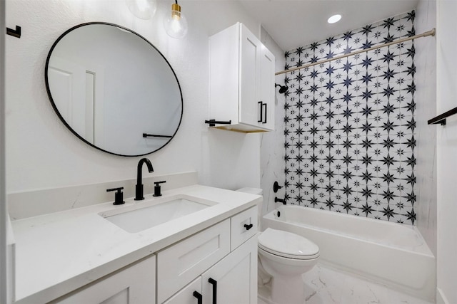 full bath featuring recessed lighting, vanity, toilet, marble finish floor, and bathtub / shower combination