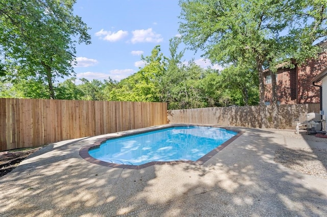 view of pool featuring a fenced backyard, a fenced in pool, and a patio area