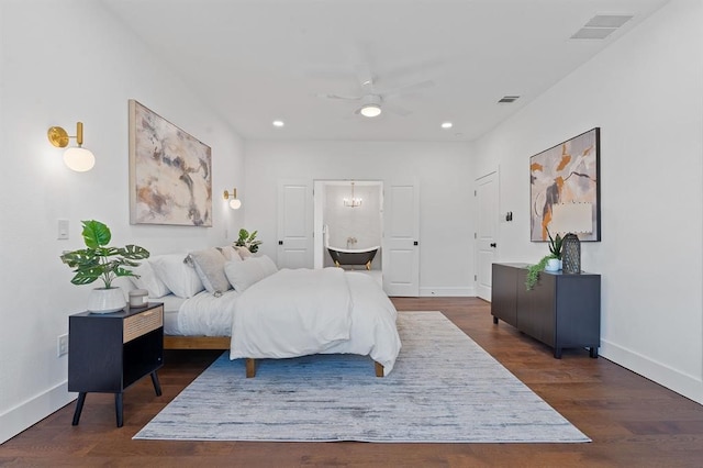 bedroom featuring ceiling fan and dark hardwood / wood-style flooring