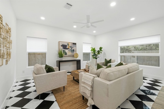 living room with ceiling fan