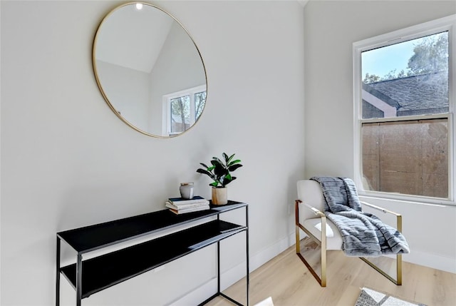 sitting room with a wealth of natural light and light hardwood / wood-style flooring