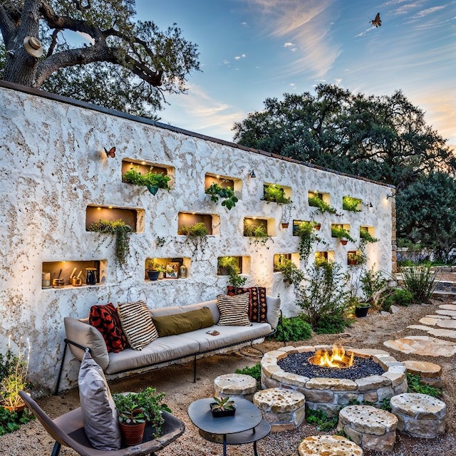 yard at dusk featuring an outdoor living space with a fire pit and a patio