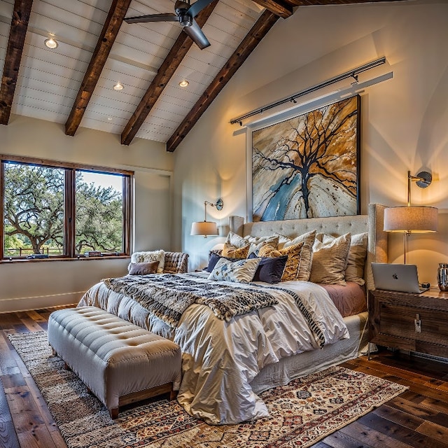 bedroom featuring hardwood / wood-style floors, ceiling fan, beam ceiling, and wooden ceiling