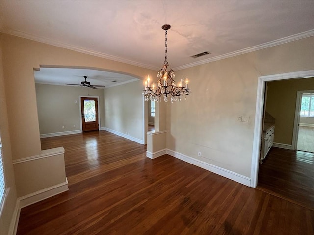 510 S Church St, Georgetown, TX 78626 - unfurnished dining area with a ceiling fan, wood finished floors, a chandelier, ornamental molding, and arched walkways