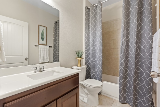 full bathroom featuring tile patterned floors, shower / bath combination with curtain, toilet, and vanity