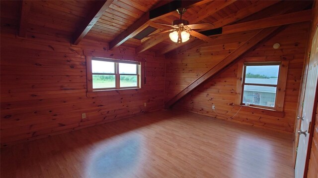 additional living space with wood walls, wooden ceiling, hardwood / wood-style flooring, lofted ceiling with beams, and ceiling fan