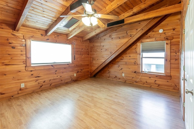 bonus room featuring light wood-type flooring, ceiling fan, lofted ceiling with skylight, and wooden ceiling