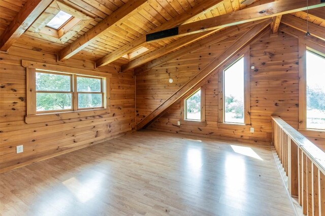 additional living space with light wood-type flooring, vaulted ceiling with skylight, plenty of natural light, and wooden ceiling