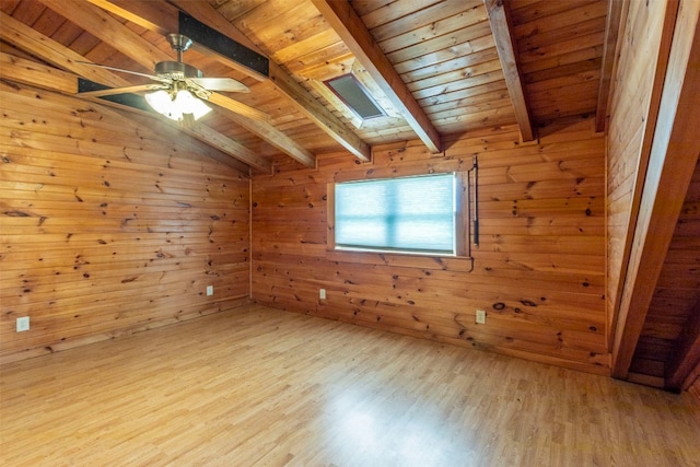 unfurnished room featuring wooden walls, wooden ceiling, lofted ceiling with skylight, light hardwood / wood-style flooring, and ceiling fan