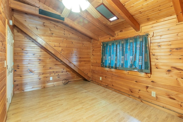 bonus room with wooden ceiling, light wood-type flooring, vaulted ceiling with skylight, wood walls, and ceiling fan