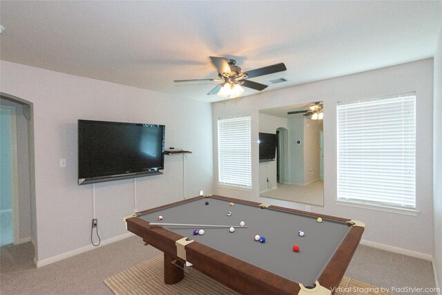 playroom featuring carpet floors, billiards, ceiling fan, and plenty of natural light