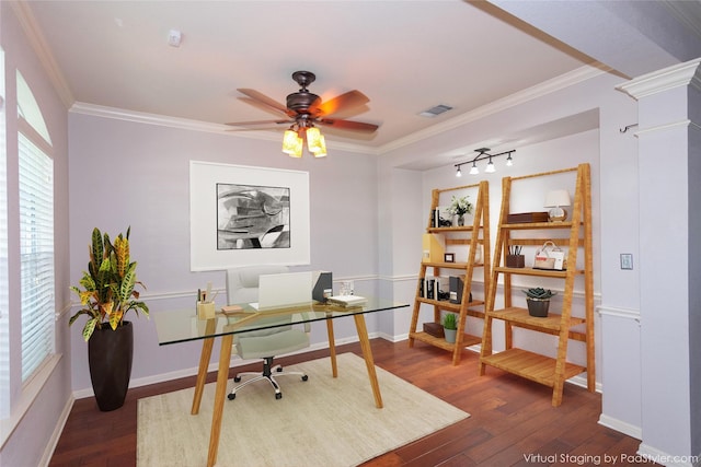 office area with ornate columns, track lighting, ornamental molding, dark hardwood / wood-style flooring, and ceiling fan