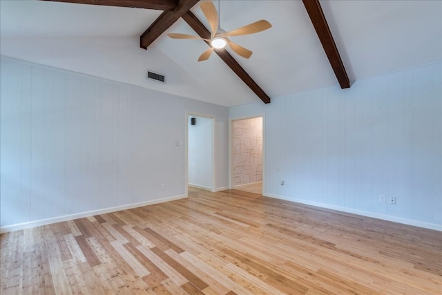 spare room featuring vaulted ceiling with beams, ceiling fan, and light hardwood / wood-style flooring