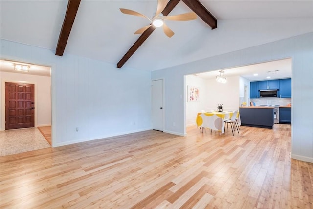 living room with a ceiling fan, baseboards, light wood-style flooring, and lofted ceiling with beams