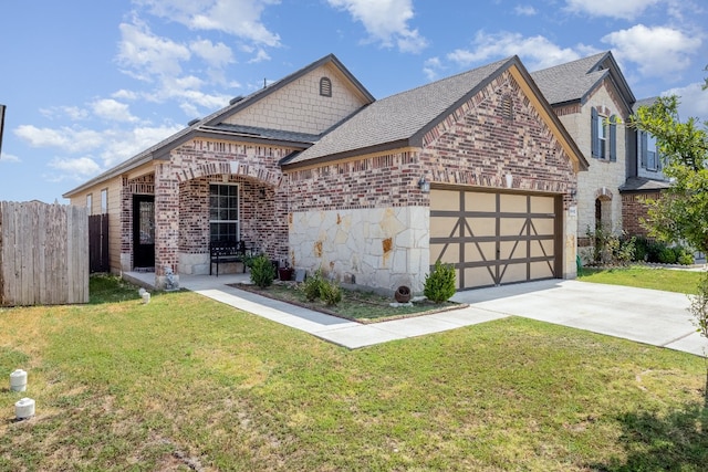 view of front of house featuring a front yard and a garage