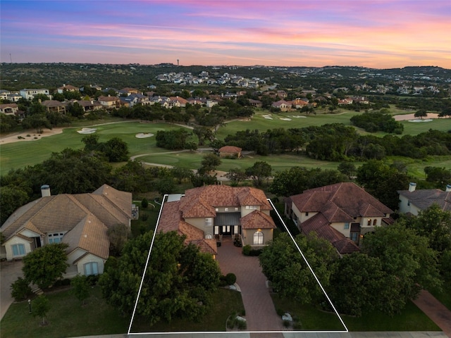 view of aerial view at dusk